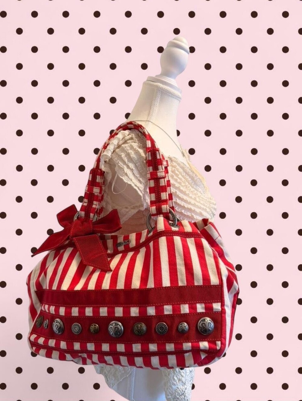 KENZO Y2K white & red striped handbag with bow detail